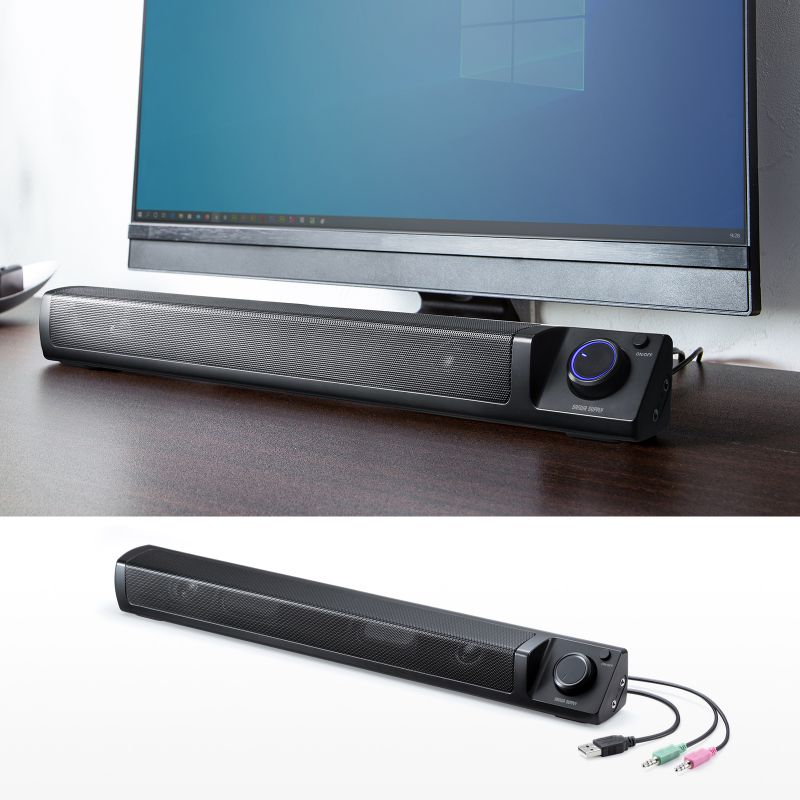 サウンドバー パソコンスピーカー PC スリム コンパクト テレビ 有線 スマホ 簡単操作 高音質 USB電源 6W出力 3.5mm接続 マイク/ヘッドホン端子付き MM-SPSBA3