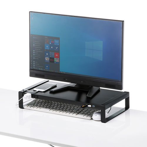 モニター台 電源タップ USBハブ付き デスク 机上モニタスタンド 机上台 スチール製天板 幅50cm 奥行25.7cm 高さ8.9cm ブラック  MR-LC204BKN