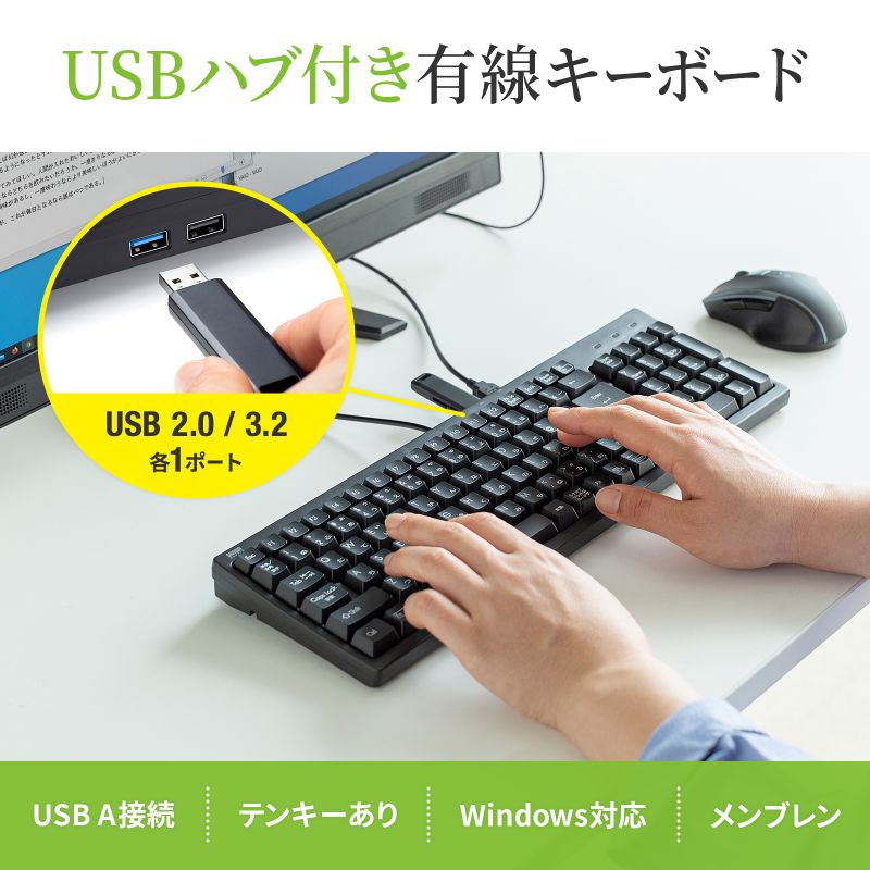 有線キーボード(USB A) USBハブ付き テンキーあり メンブレン 日本語配列(JIS) ブラック SKB-KG2UH3BK