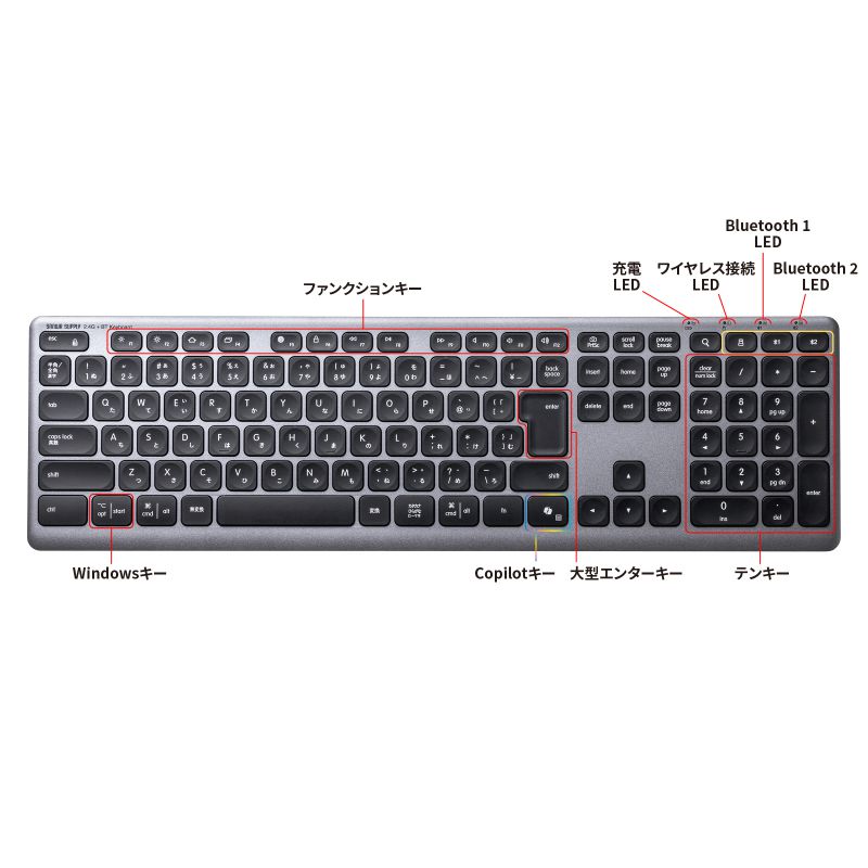 Bluetooth�L�[�{�[�h USB�[�d�� ���C�����X BT�� USB A���V�[�o�[ �}���`�y�A�����O 2.4GHz ���{��z�� �p���^�O���t�� �u���b�N