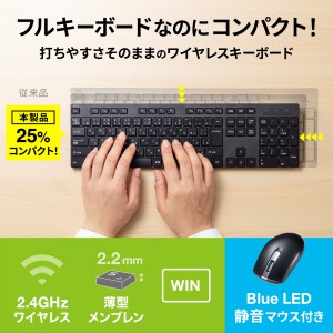 ワイヤレスキーボード マウスセット 無線 2.4GHz テンキー付 静音マウス メンブレン 日本語配列(JIS) 乾電池 ブルーLED ブラック  SKB-WL39SETBK |サンワダイレクト