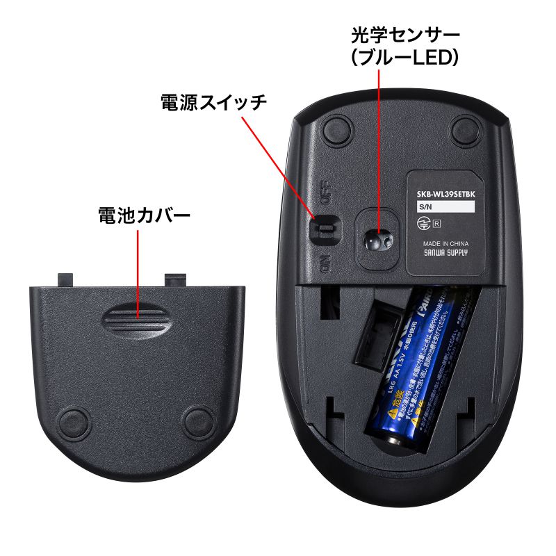 ワイヤレスキーボード マウスセット 無線 2.4GHz テンキー付 静音マウス メンブレン 日本語配列(JIS) 乾電池 ブルーLED ブラック SKB-WL39SETBK