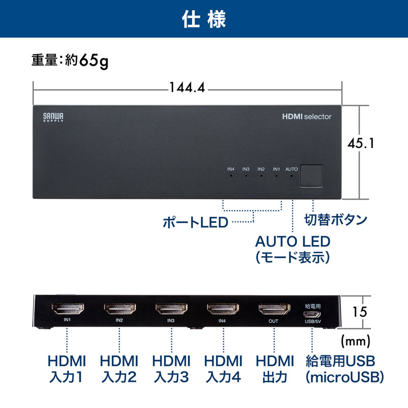 HDMI切替器 4入力 1出力 4K/60Hz HDR HDCP2.2対応 自動/手動切り替え
