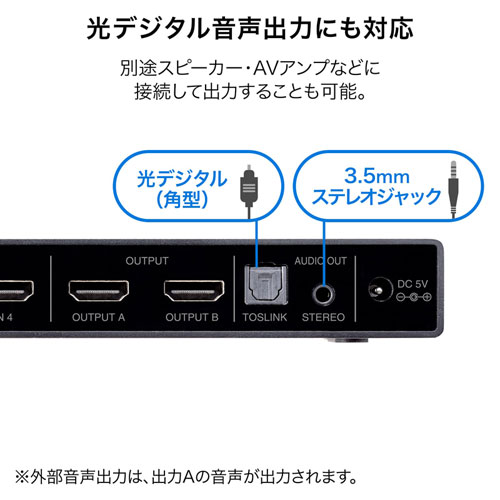 4K・HDR・光デジタル出力付きHDMIマトリックス切替器（4入力・2出力） SW-HDR42H