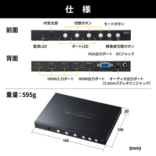 画面分割 HDMI切替器 4入力 1出力 4画面分割 4K/30Hz対応｜サンプル