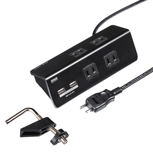 USB充電ポート付き便利タップ（クランプ固定式）ブラック TAP-B105U-3BK