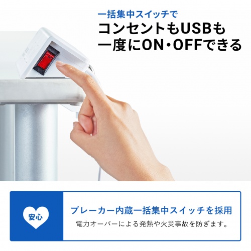 USBポート付き 便利タップ クランプ固定式 ホワイト TAP-B105U-3WN