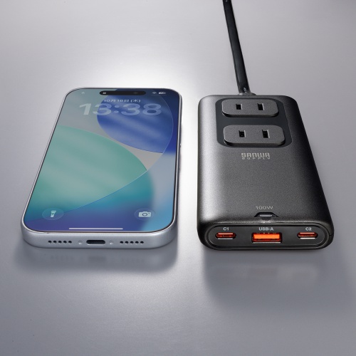 �d���^�b�v USB PD 100W �}���[�d GaN 1.5m �����R�[�h �y�����^18mm�z Type-C�~2 A�~1 AC�~2�� �R���Z���g L�^�v���O