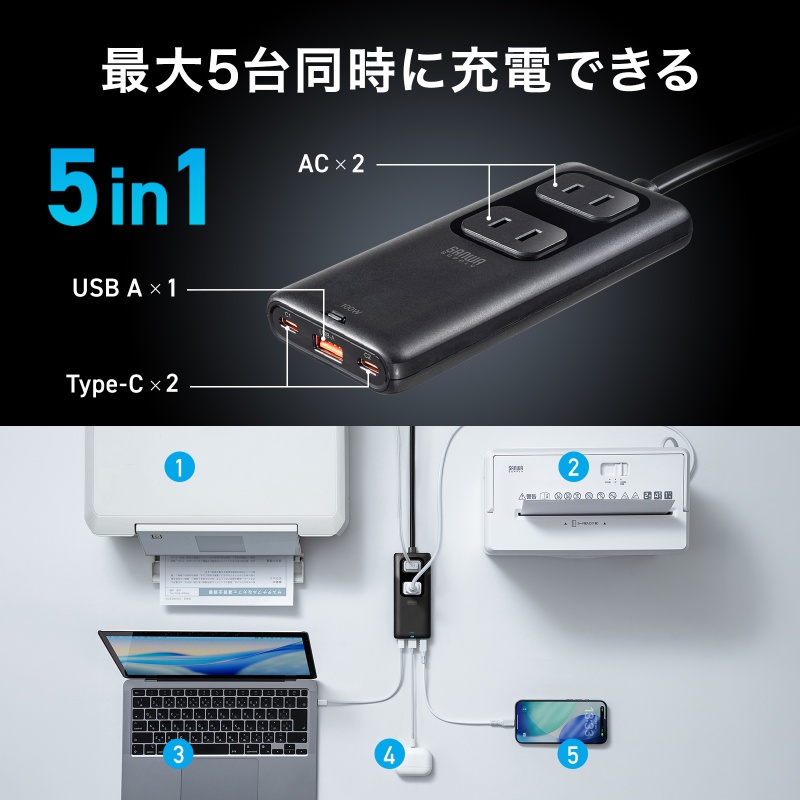 �d���^�b�v USB PD 100W �}���[�d GaN 1.5m �����R�[�h �y�����^18mm�z Type-C�~2 A�~1 AC�~2�� �R���Z���g L�^�v���O