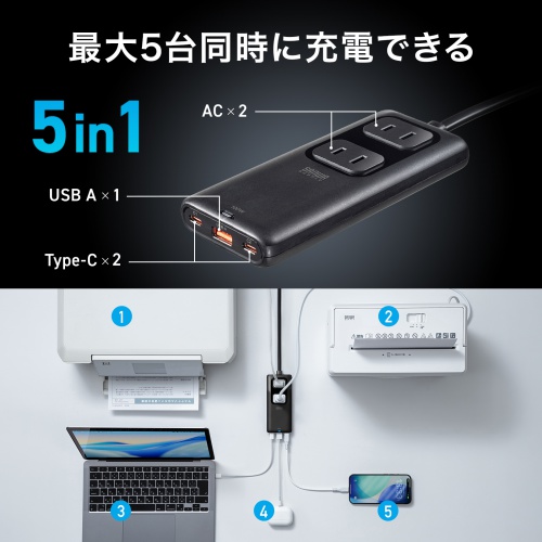 �d���^�b�v USB PD 100W �}���[�d GaN 1.5m �����R�[�h �y�����^18mm�z Type-C�~2 A�~1 AC�~2�� �R���Z���g L�^�v���O