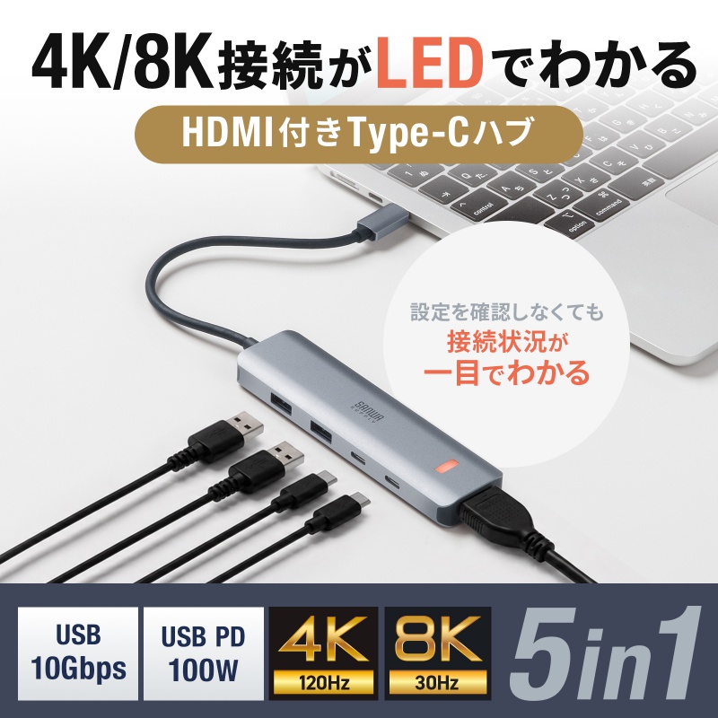USB Type-C �n�u HDMI 8K30Hz 4K120Hz�Ή� 5in1 USB 10Gbps PD100W���� PD85W���d �ڑ������鉻 �V���o�[