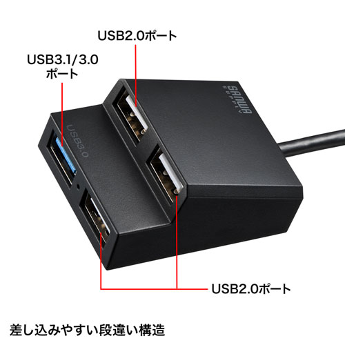 USBnu USB A 4|[g USB3.2 Gen1 oXp[ ʃt@Xi[ Œ 50cm ubN USB-3H413BKN