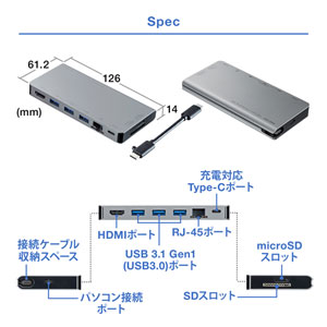 USB Type-C ドッキングステーション モバイルタイプ PD/45W対応 4K対応