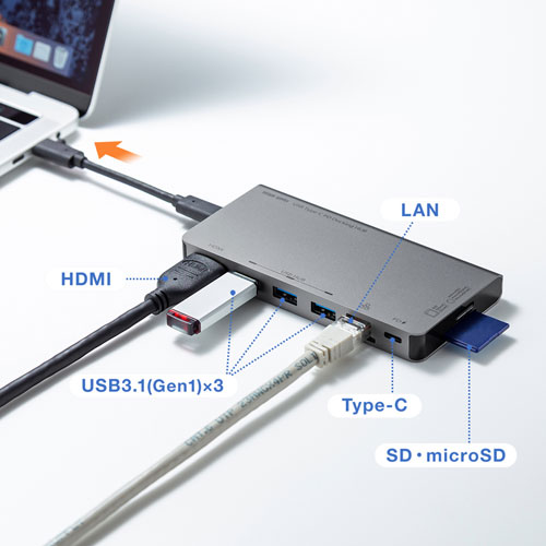 USB Type-C hbLOXe[V oC^Cv PD/45WΉ 4KΉ 8in1 HDMI Type-C USB3.0~3 LAN SD/microSDJ[h e[N ݑΖ USB-3TCH14S