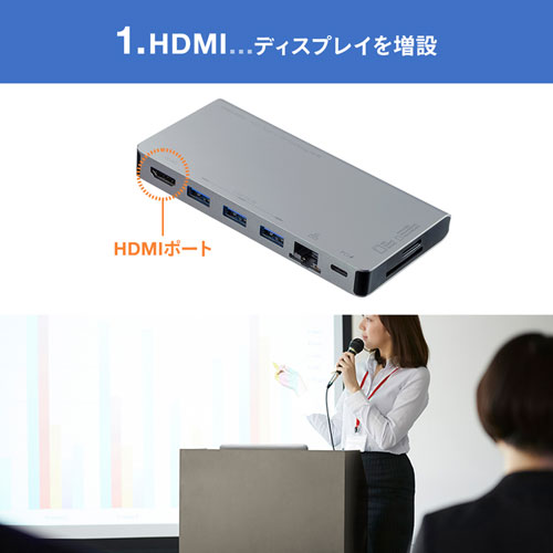 USB Type-C hbLOXe[V oC^Cv PD/45WΉ 4KΉ 8in1 HDMI Type-C USB3.0~3 LAN SD/microSDJ[h e[N ݑΖ USB-3TCH14S