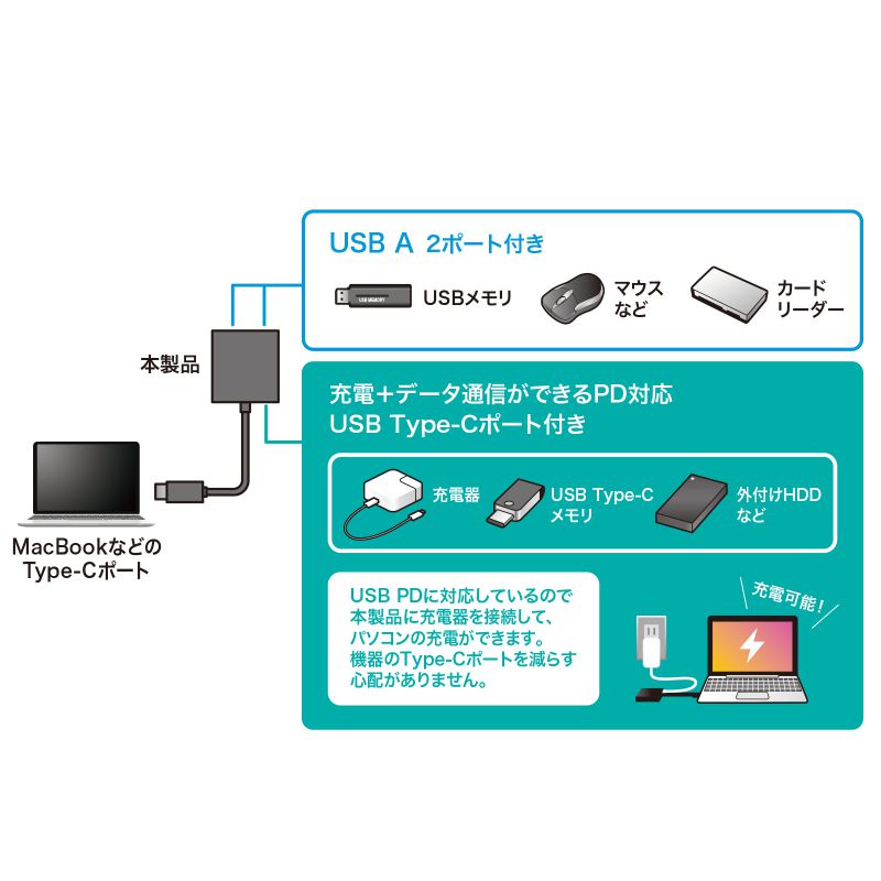 USB Type-C ハブ A×2/C×1 USB PD 100W 急速充電 データ転送 ケーブル一