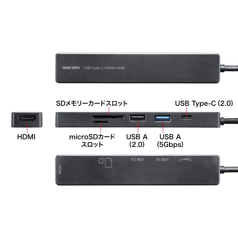 USB-C �n�u 6-in-1 HDMI 4K30Hz �f���o�� USB-C�|�[�g���� USB 5Gbps USB-A�|�[�g���� �J�[�h���[�_�[ �u���b�N