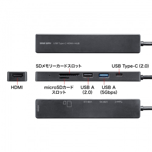 USB-C �n�u 6-in-1 HDMI 4K30Hz �f���o�� USB-C�|�[�g���� USB 5Gbps USB-A�|�[�g���� �J�[�h���[�_�[ �u���b�N