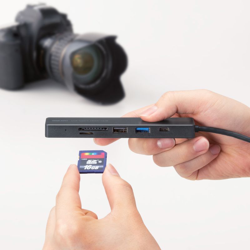 USB-C �n�u 6-in-1 HDMI 4K30Hz �f���o�� USB-C�|�[�g���� USB 5Gbps USB-A�|�[�g���� �J�[�h���[�_�[ �u���b�N