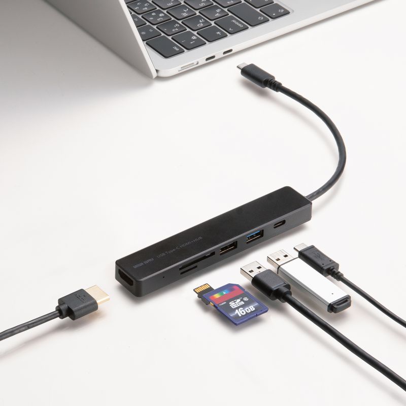 USB-C �n�u 6-in-1 HDMI 4K30Hz �f���o�� USB-C�|�[�g���� USB 5Gbps USB-A�|�[�g���� �J�[�h���[�_�[ �u���b�N