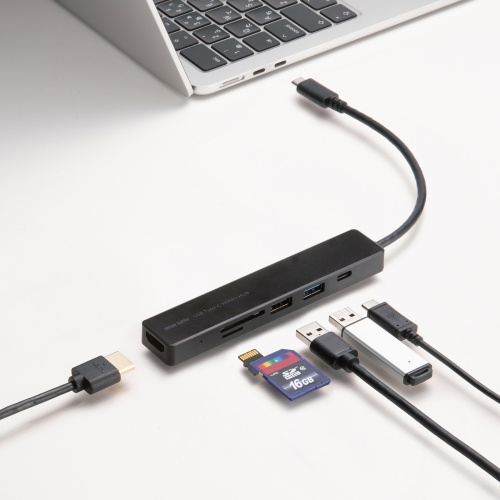 USB-C �n�u 6-in-1 HDMI 4K30Hz �f���o�� USB-C�|�[�g���� USB 5Gbps USB-A�|�[�g���� �J�[�h���[�_�[ �u���b�N