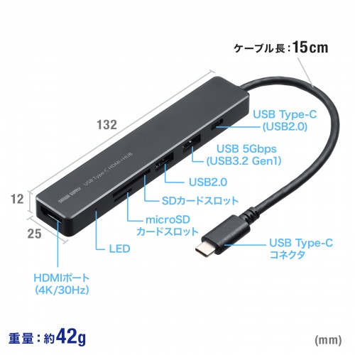 USB-C �n�u 6-in-1 HDMI 4K30Hz �f���o�� USB-C�|�[�g���� USB 5Gbps USB-A�|�[�g���� �J�[�h���[�_�[ �u���b�N