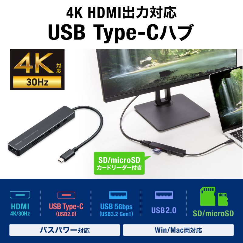 USB-C �n�u 6-in-1 HDMI 4K30Hz �f���o�� USB-C�|�[�g���� USB 5Gbps USB-A�|�[�g���� �J�[�h���[�_�[ �u���b�N
