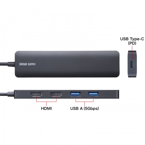 hbLOXe[V Type-C ڑ 5 in 1 HDMI2 2ʏo 4K/60HzΉ PD100W X RpNgUSB A 2 P[u30cm USB-5TCHHPS22BK