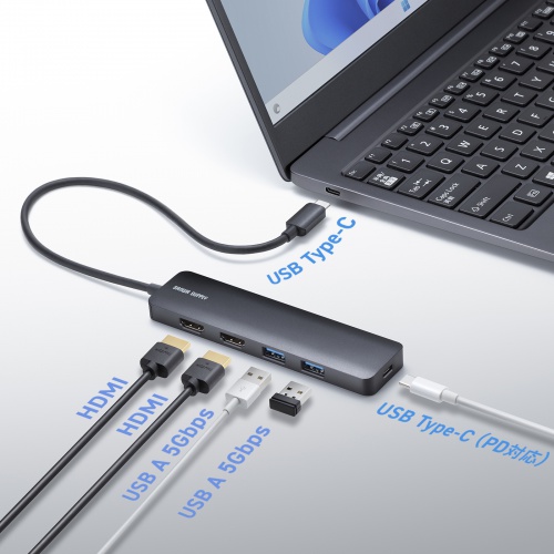 hbLOXe[V Type-C ڑ 5 in 1 HDMI2 2ʏo 4K/60HzΉ PD100W X RpNgUSB A 2 P[u30cm USB-5TCHHPS22BK