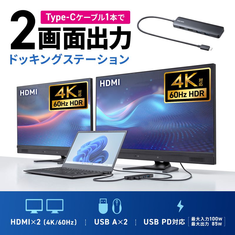 hbLOXe[V Type-C ڑ 5 in 1 HDMI2 2ʏo 4K/60HzΉ PD100W X RpNgUSB A 2 P[u30cm USB-5TCHHPS22BK