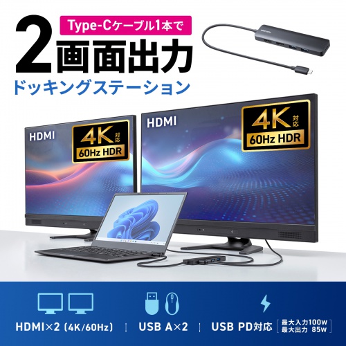 hbLOXe[V Type-C ڑ 5 in 1 HDMI2 2ʏo 4K/60HzΉ PD100W X RpNgUSB A 2 P[u30cm USB-5TCHHPS22BK