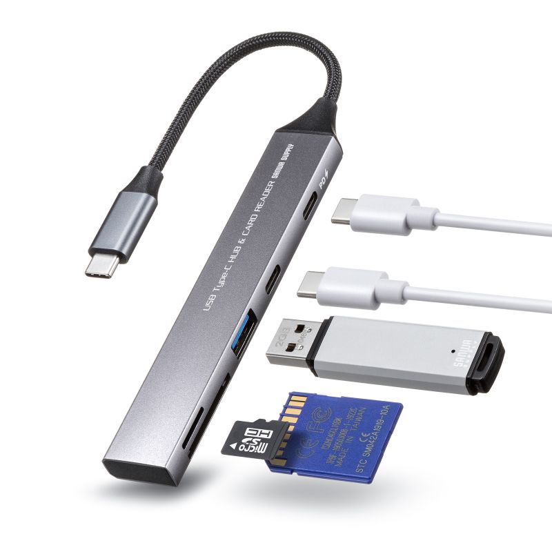 USB�n�u USB-C�ڑ� 5-in-1 ���^ �X���� �J�[�h���[�_�[�t�� USB 5Gbps Type-C PD100W �P�[�u��10cm USB-A/USB-C�~1