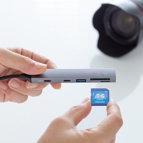 USB�n�u USB-C�ڑ� 5-in-1 ���^ �X���� �J�[�h���[�_�[�t�� USB 5Gbps Type-C PD100W �P�[�u��10cm USB-A/USB-C�~1