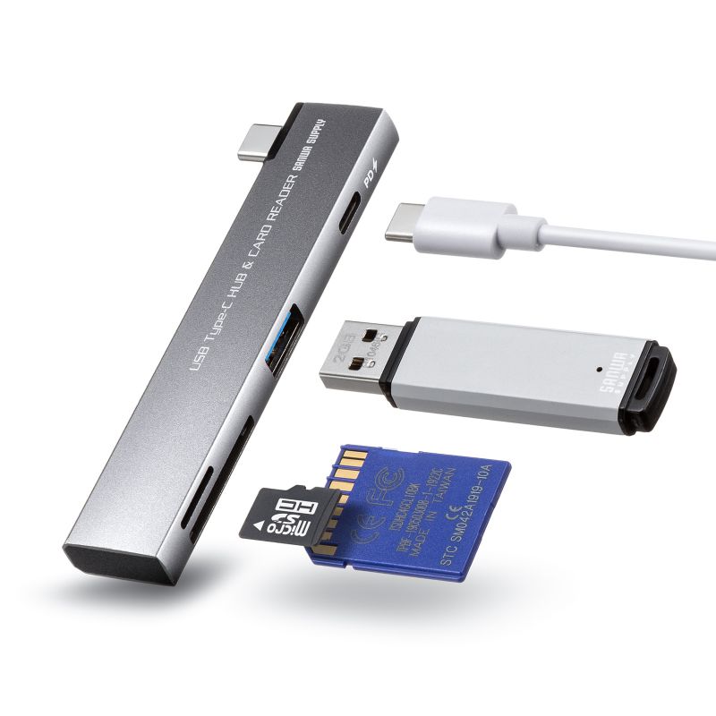 USB�n�u USB-C�ڑ� 4-in-1 ���}�� ���^ �X���� �J�[�h���[�_�[�t�� USB 5Gbps Type-C USB-A PD100W �R���p�N�g