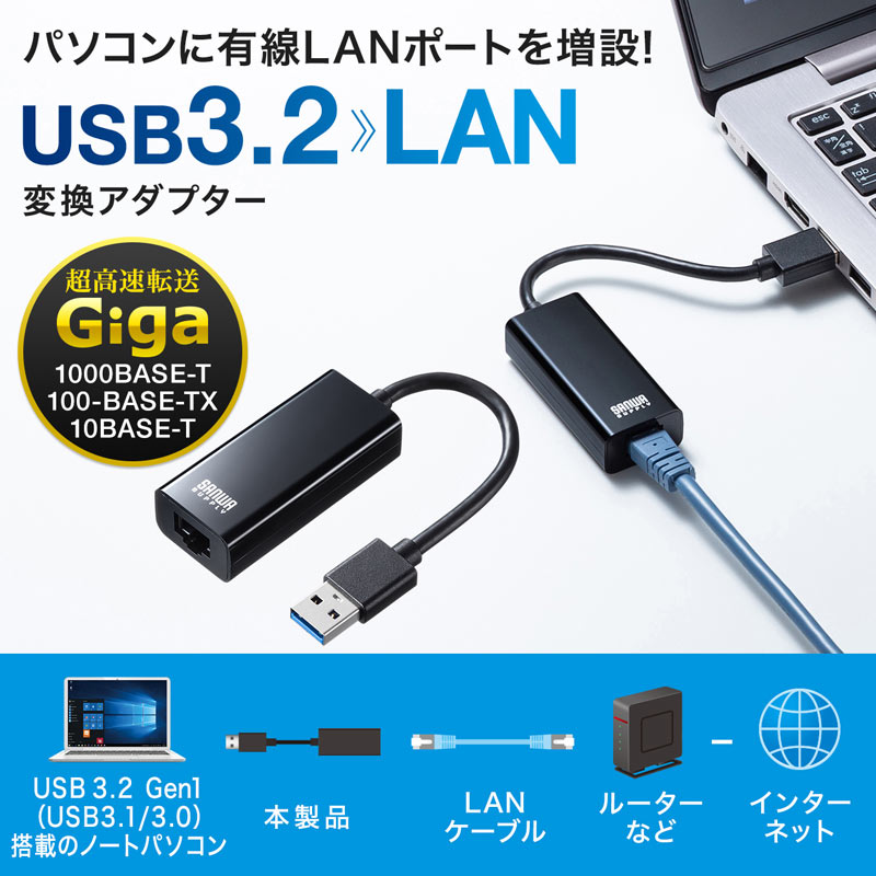 LANアダプタ(USB3.1-有線LAN変換・ギガビット・ブラック) USB-CVLAN1BKの販売商品 |通販ならサンワダイレクト