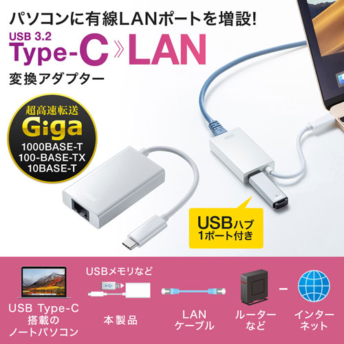 USB3.2 TypeC-LAN変換アダプタ（USBハブポート付・ホワイト