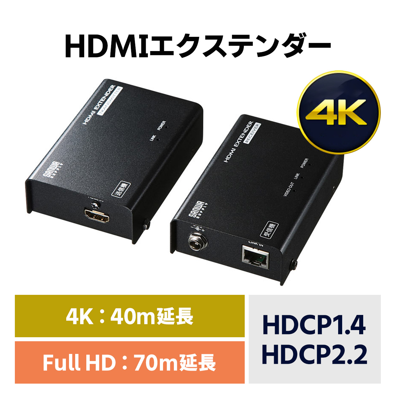 HDMIエクステンダー 送信機のみ 4K対応 最大40m先に4分配延長出力 サンワサプライ VGA-EXHDLTL4｜分配器、切替器 