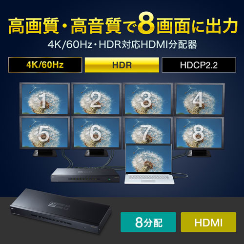HDMI分配器 1入力8出力 4K/60Hz HDR対応 HDCP2.2 HDMIスプリッター