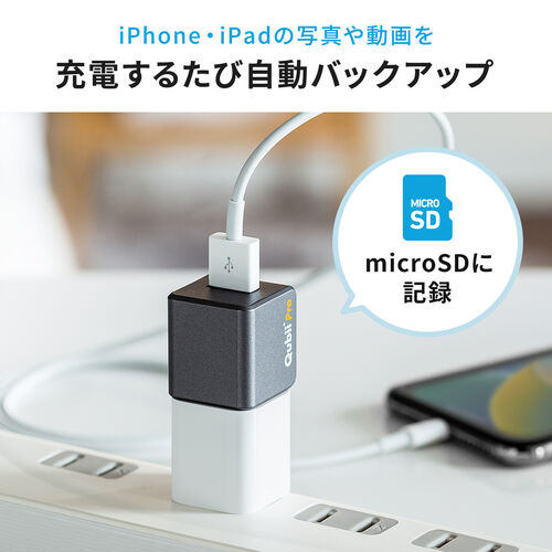 ACアダプタと本体を接続し、専用アプリ「Qubii Pro」を利用して